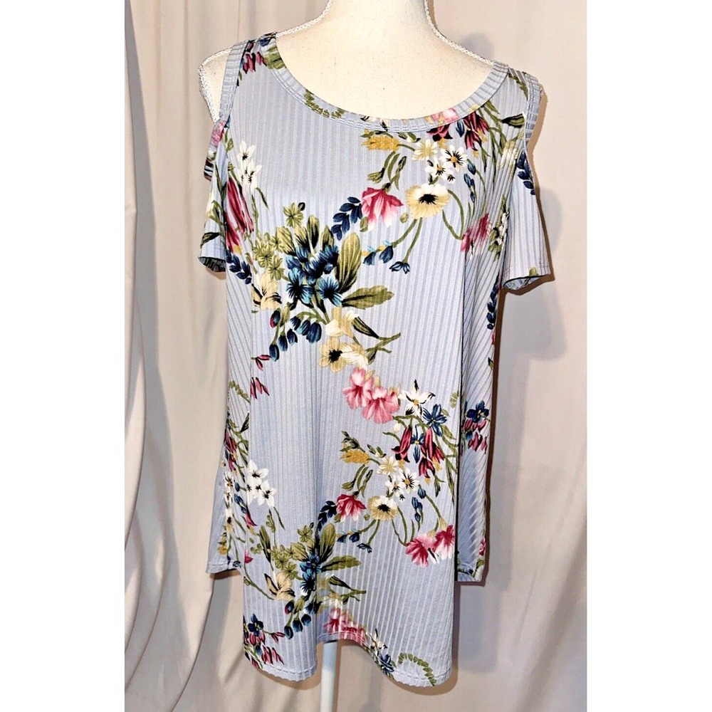MTS Top Size M Cold Shoulder Floral Short Sleeve Stretch Ribbed Round Neck